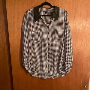 Houndstooth Blouse with Leather Collar